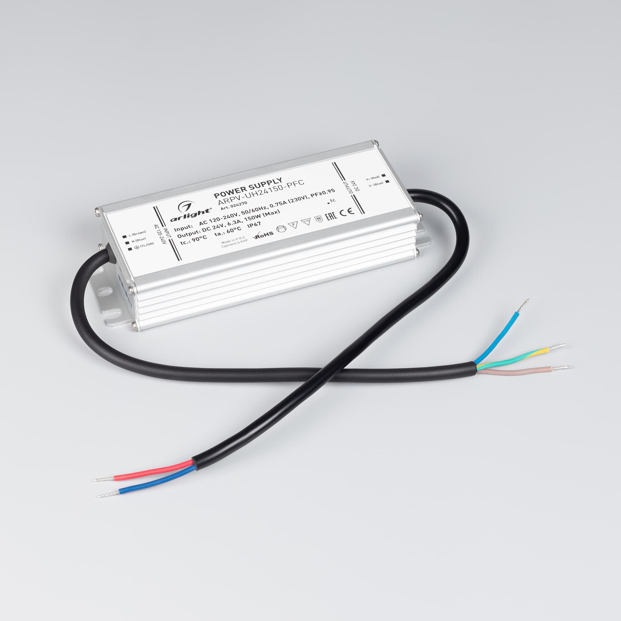 Блок питания ARPV-UH24150-PFC (24V, 6.3A, 150W) (ARL, IP67 Металл, 7 лет)