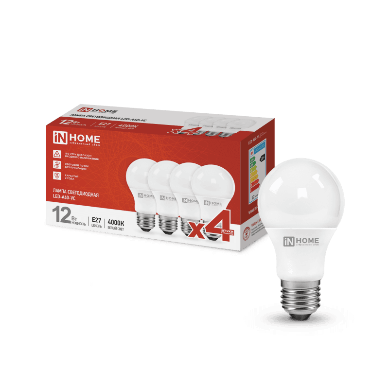 Лампа светодиодная LED-A60-VC 4PACK 12Вт 230В Е27 4000К 1140Лм (4шт./упак) IN HOME