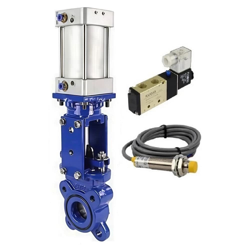 Задвижка шиберная GGG40-304-EPDM-2W-Fb-2P Ду100 Ру16 двусторонняя, межфланц., шпиндель выдвижной, корпус чугун GGG40, шибер нерж.сталь 304, EPDM, WENZ, пн.привод, пн.распредел PND3-S1EM-52-1NC-J08-24VDC KUOIN и LS-12A3-00NI0-24VDC