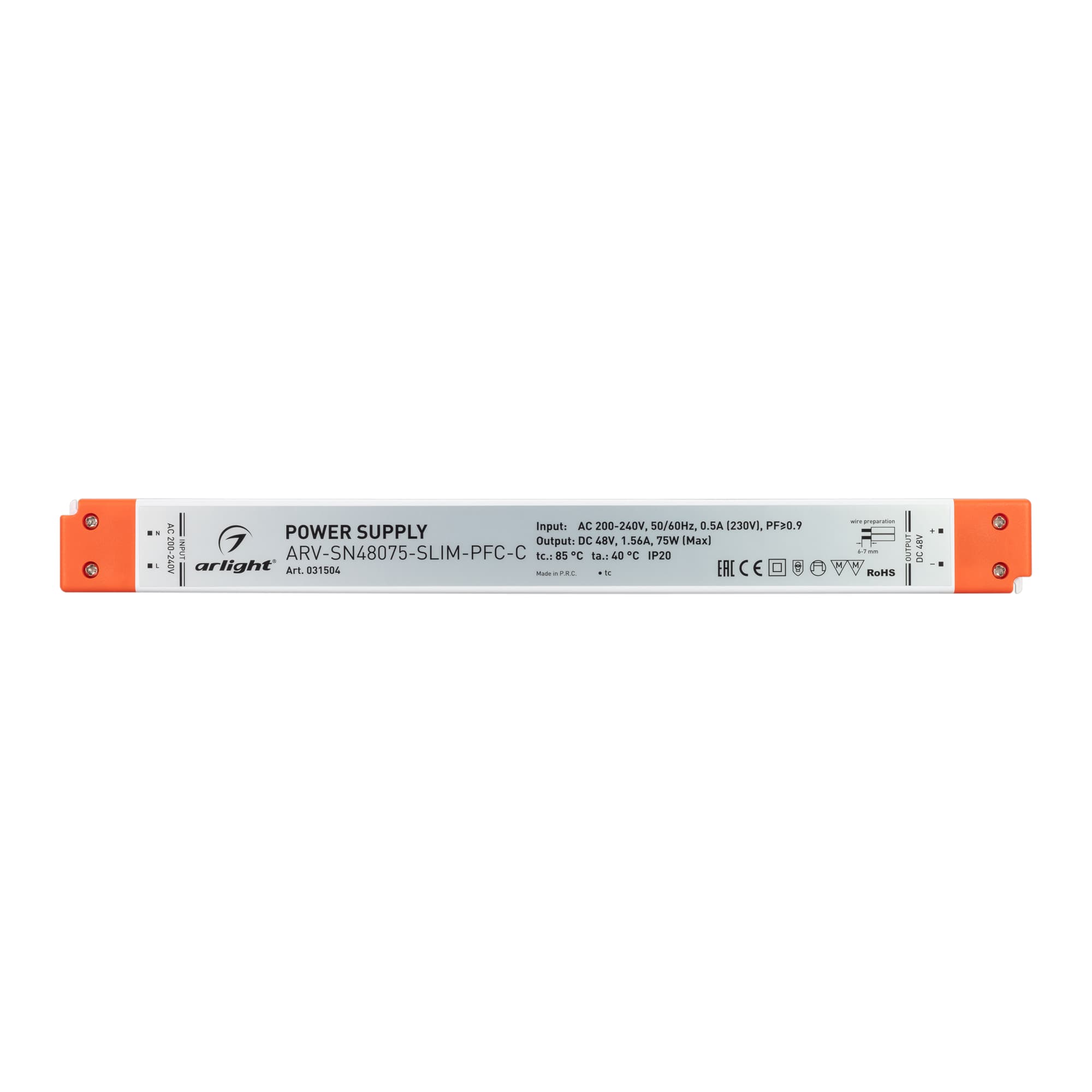 Блок питания ARV-SN48075-SLIM-PFC-C (48V, 1.56A, 75W) (ARL, IP20 Пластик, 3 года)