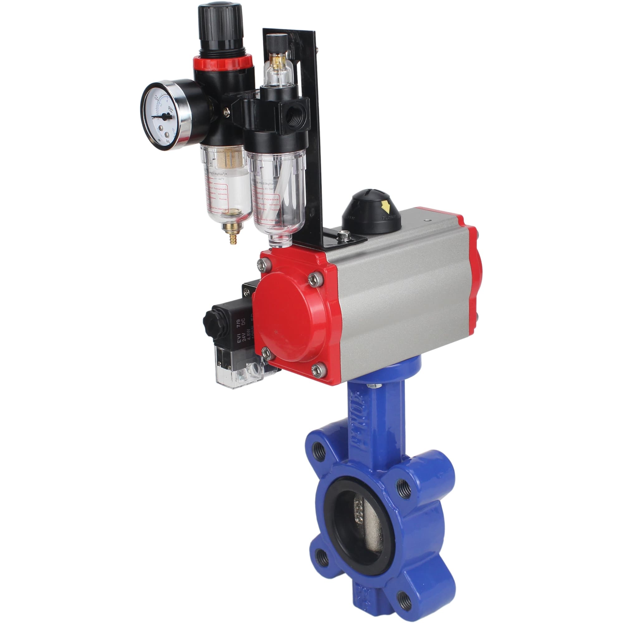 Затвор дисковый поворотный QT450-304-EPDM-2W-Fb-H Ду50 Ру16 корпус чугун QT450, диск нержавеющая сталь 304, уплотнение EPDM, с пневмоприводом DA-065, пневмораспределителем PND2-S1EM-52-1NC-J08-24VDC и БПВ APU1-10-40-V08