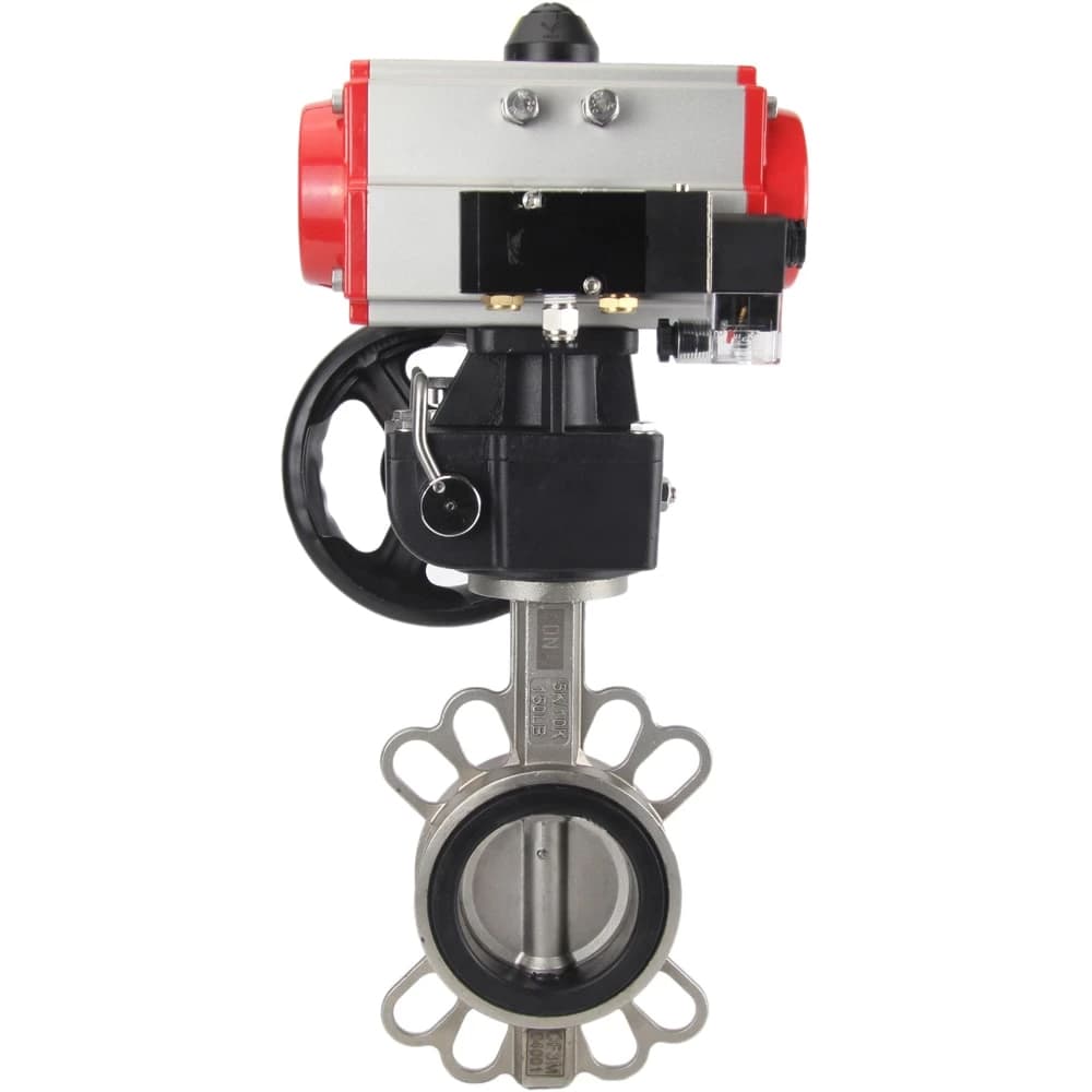 Затвор дисковый поворотный 316L-316L-VITON Ду50 Ру16, корпус и диск нержавеющая сталь 316L, уплотнение Viton, пневмопривод DA-065 двойного действия, пневмораспределитель PND1-S2EM-52-2-T08-220VAC, с ручным дублером HDM-1