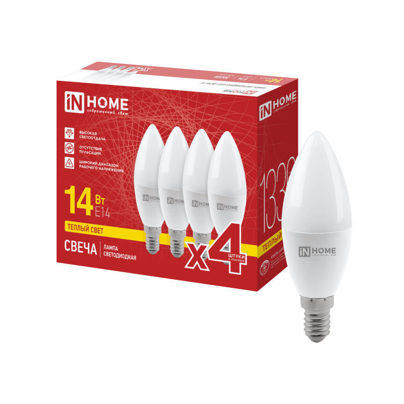Лампа светодиодная LED-СВЕЧА-VC 4PACK 14Вт 230В Е14 3000К 1330Лм (4шт./упак) IN HOME