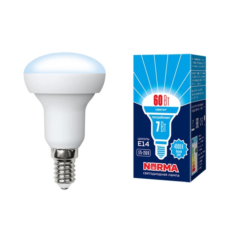 Лампа светодиодная LED-R50-7W/NW/E14/FR/NR Форма Рефлектор, матовая, Norma, белый свет (4000K), картон, ТМ Volpe
