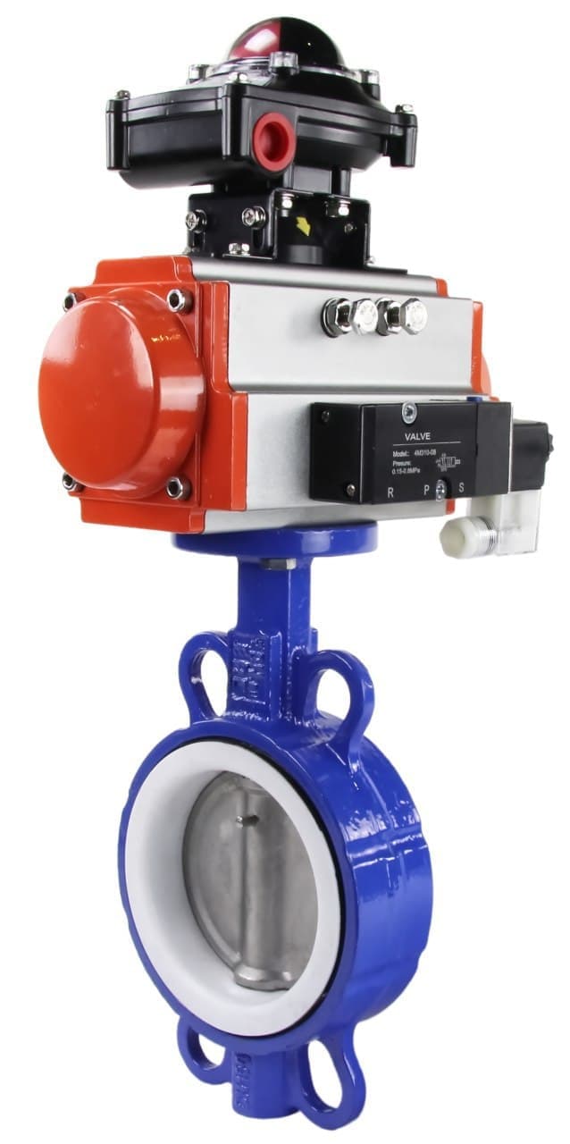 Затвор дисковый поворотный WCB-316L-PTFE Ду65 Ру16, корпус углеродистая сталь WCB, диск нержавеющая сталь 316L, уплотнение PTFE, пневмопривод DA-083, пневмораспределитель PND2-S1EM-52-1NC-J08-220VAC, с БКВ LSB-210-02NM12-220/24