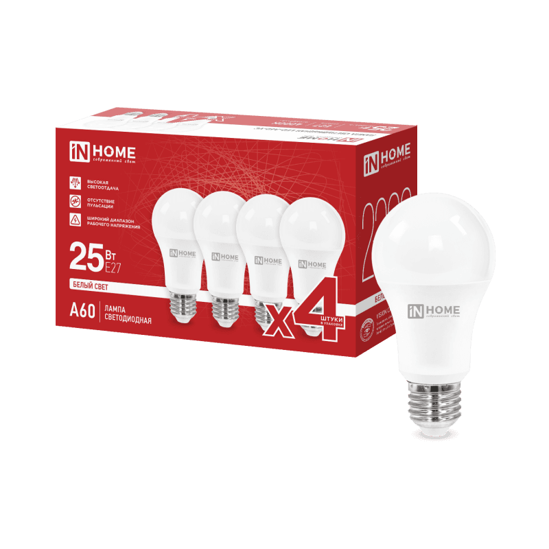 Лампа светодиодная LED-A60-VC 4PACK 25Вт 230В Е27 4000К 2380Лм (4шт./упак) IN HOME