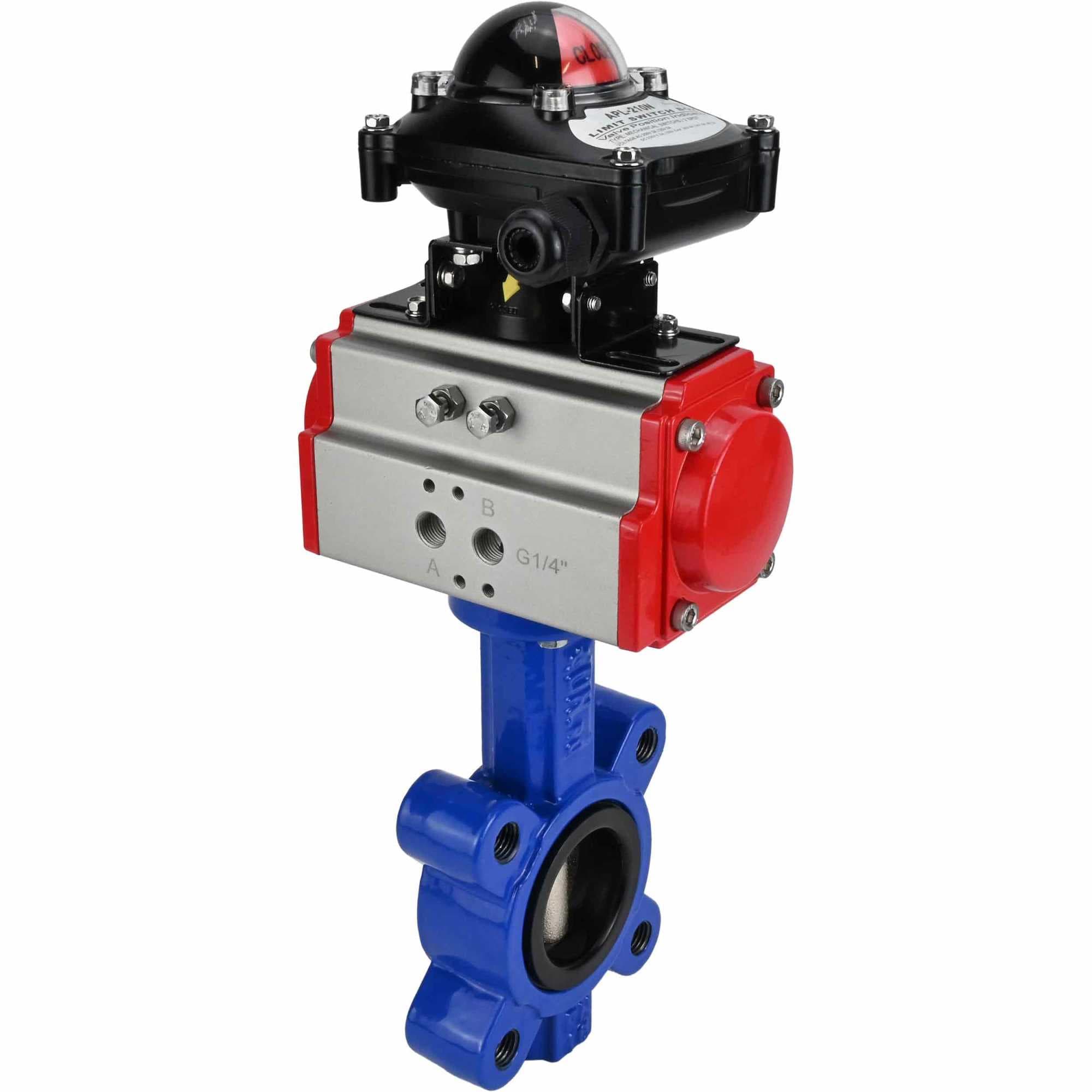 Затвор дисковый поворотный QT450-QT450-NBR-2W-Fb-H Ду65 Ру16 корпус чугун QT450, диск чугун QT450, уплотнение NBR, с пневмоприводом SA-105 и БКВ LSB-210-02NM12-220/24