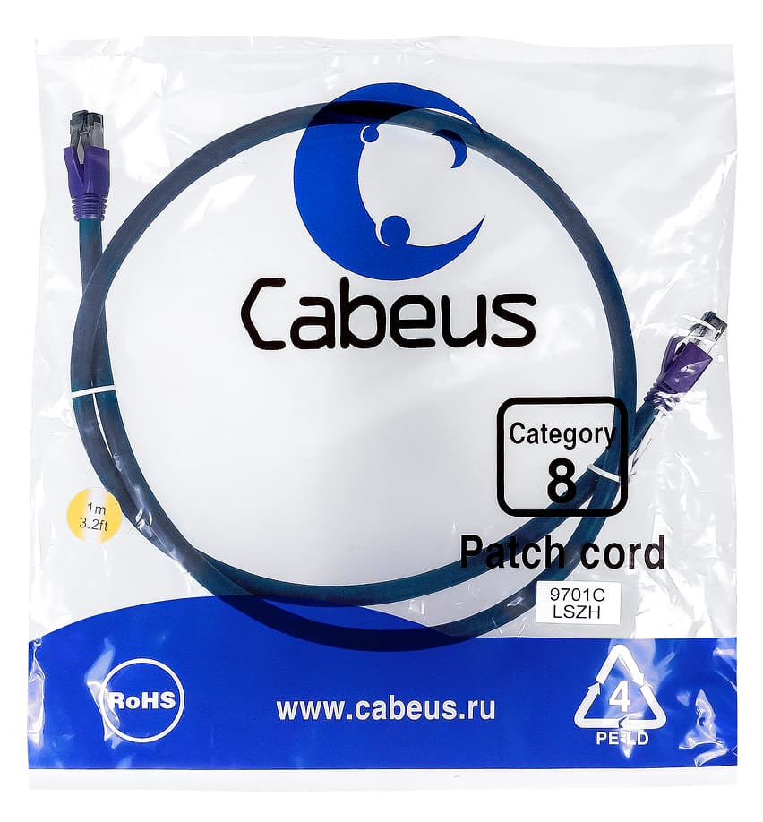 Патч-корд S/FTP, категория 8 (40G, 2000 MHz), 2xRJ45/8p8c, экранированный, синий, LSZH, 1 м