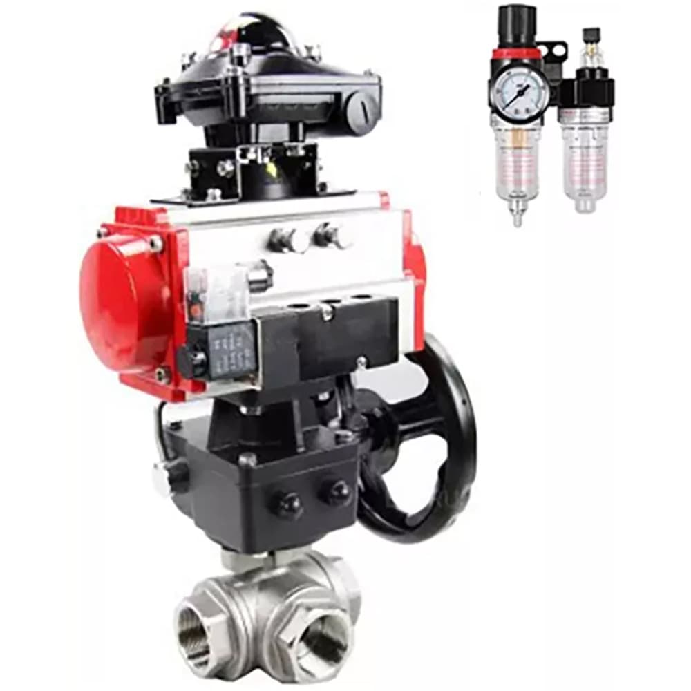 Кран шаровой RP.SS316.200.MM 1 1/4'' Ду32 Ру63 ст.проходной 3-ходовой L-тип, нержавеющий, внутренняя резьба, PTFE, пневмопривод DA-052, пневмораспределитель PND2-S1EM-52-1NC-J08-24VDC, редуктор HDM-1, БПВ APU1-10-40-V08, БКВ LSB-510-02ExM12-250