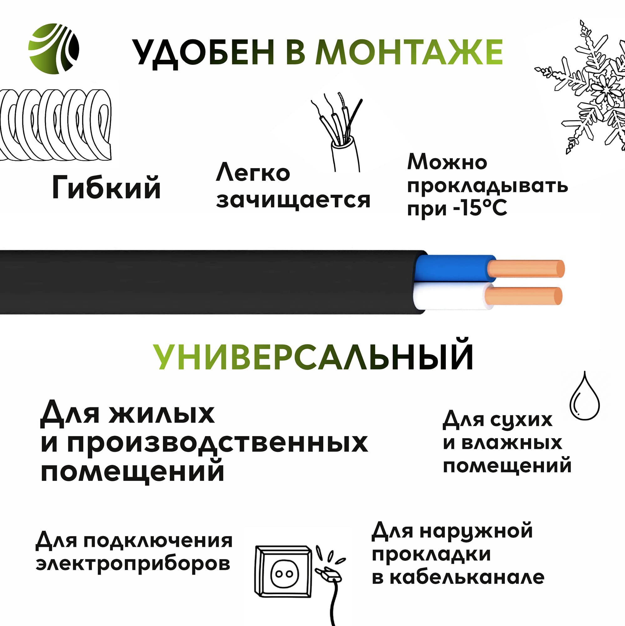 Кабель силовой ВВГ-Пнг(А)-LS 2х1,5-5м  ТРТС
