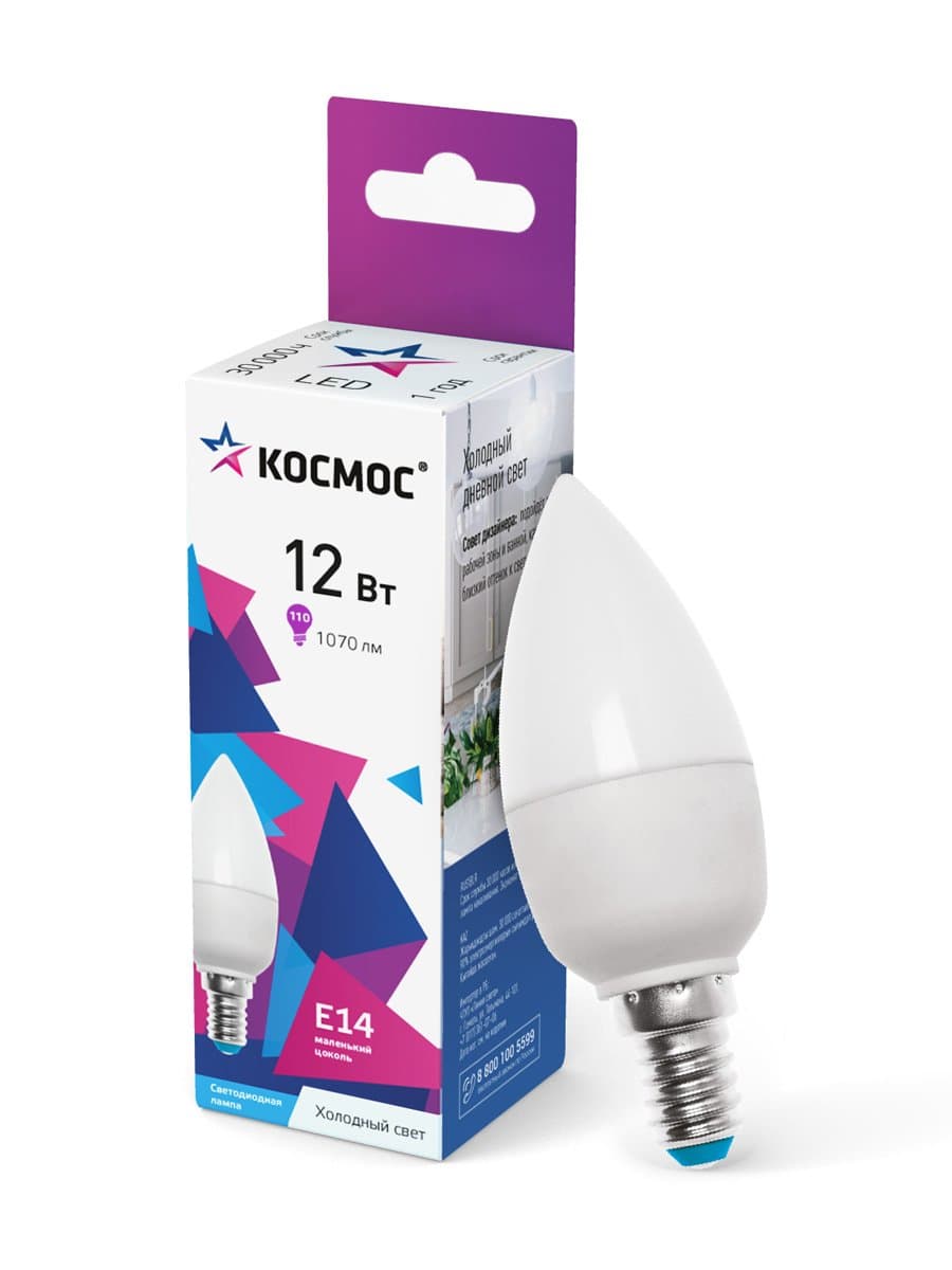 Лампа светодиодная LED 12Вт Свеча 220В Е14 D37х110 6500К холодный 1070 лм