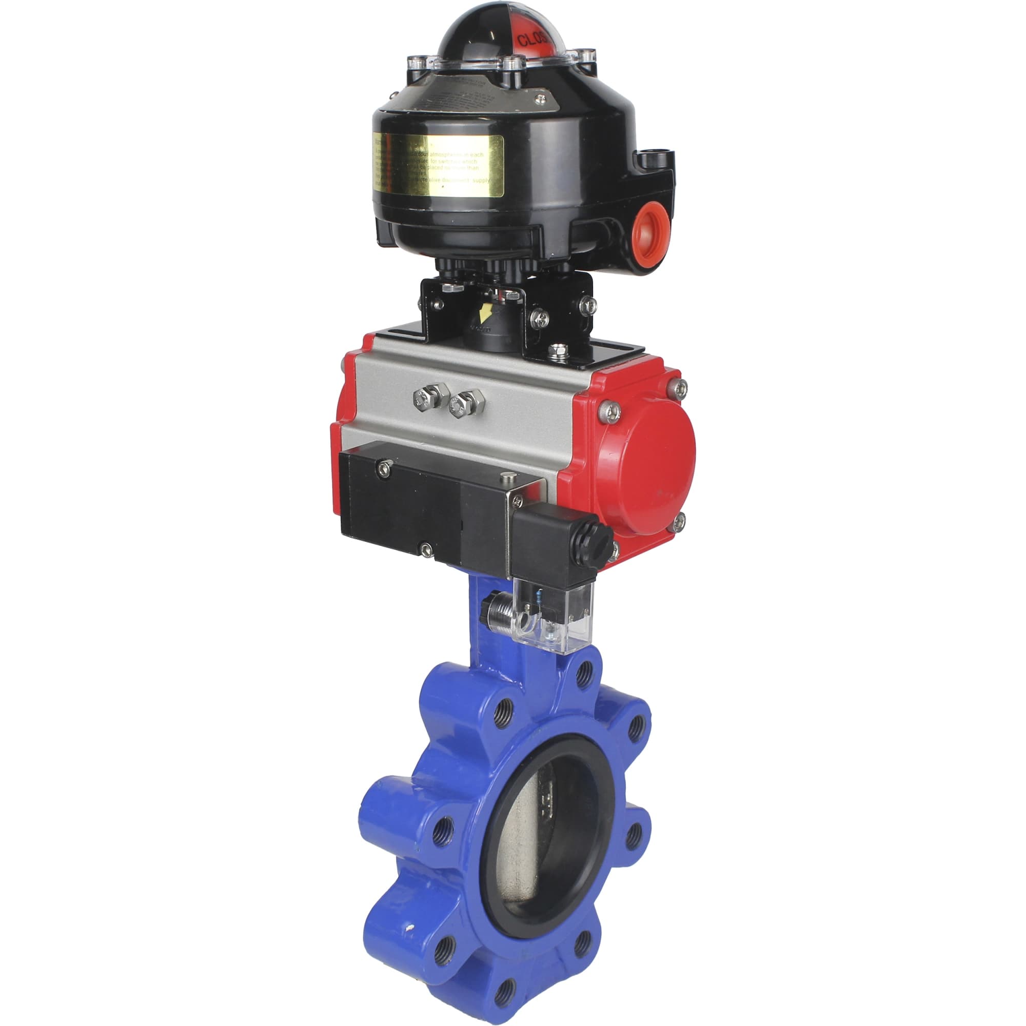 Затвор дисковый поворотный QT450-304-EPDM-2W-Fb-H Ду125 Ру16 чугун QT450, диск нержавеющая сталь 304, уплотнение EPDM, пневмопривод DA-105, пневмораспределитель PND2-S1EM-52-1NC-J08-220VAC и БКВ LSB-510-02ExM12-250