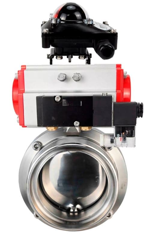 Затвор дисковый поворотный 304-304-Sil-2W-T-H Ду50 Ру10 пищевая нержавеющая сталь 304, уплотнение Silicon, с пневмоприводом SA-065, пневмораспределителем PND2-S1EM-52-1NC-J08-220VAC и БКВ LSB-210-02NM12-220/24
