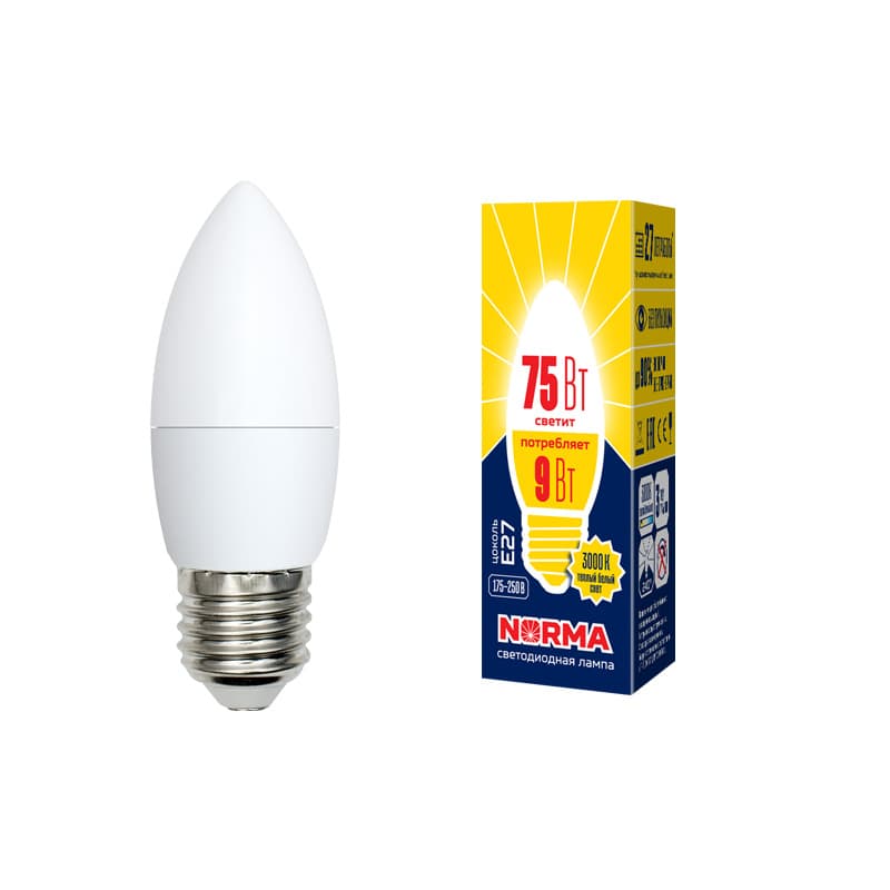 Лампа светодиодная LED-C37-9W/WW/E27/FR/NR Форма свеча, матовая, Norma, теплый белый свет (3000K), картон, ТМ Volpe