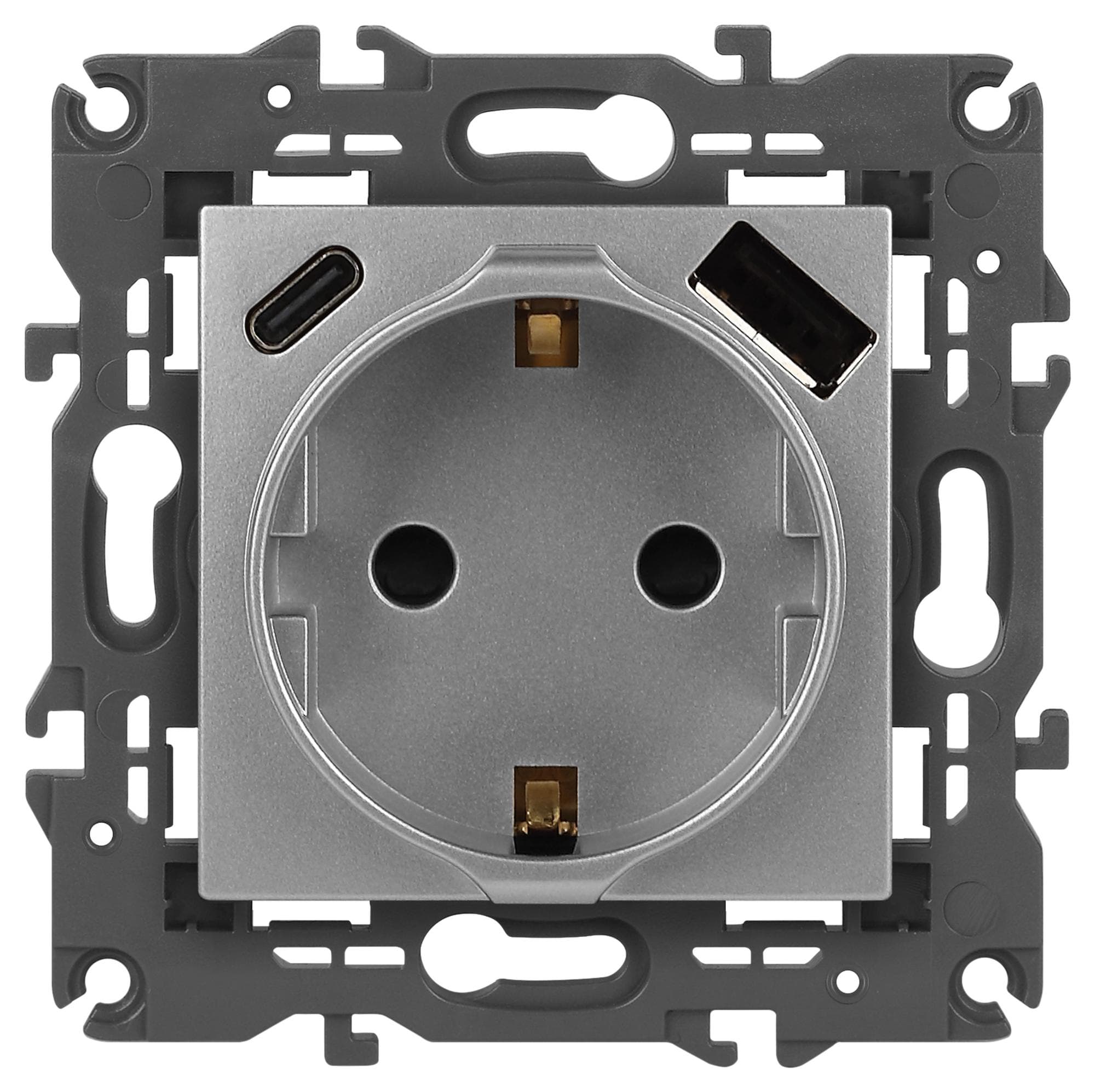 Розетка Elegance 14-4108-03 2P+E 16A-250В со шторками с USB type-A+C 5В-3А алюминий
