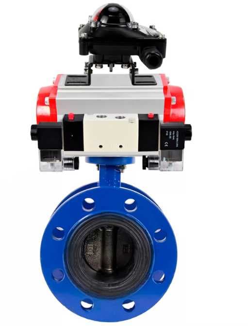 Затвор дисковый поворотный GGG40-304-EPDM-2W-F-H Ду200 Ру16 чугун GGG40, диск нержавеющая сталь 304, уплотнение EPDM, с пневмоприводом DA-140, пневмораспределителем PND1-S2EM-52-2-T08-220VAC и БКВ LSB-210-02NM12-220/24