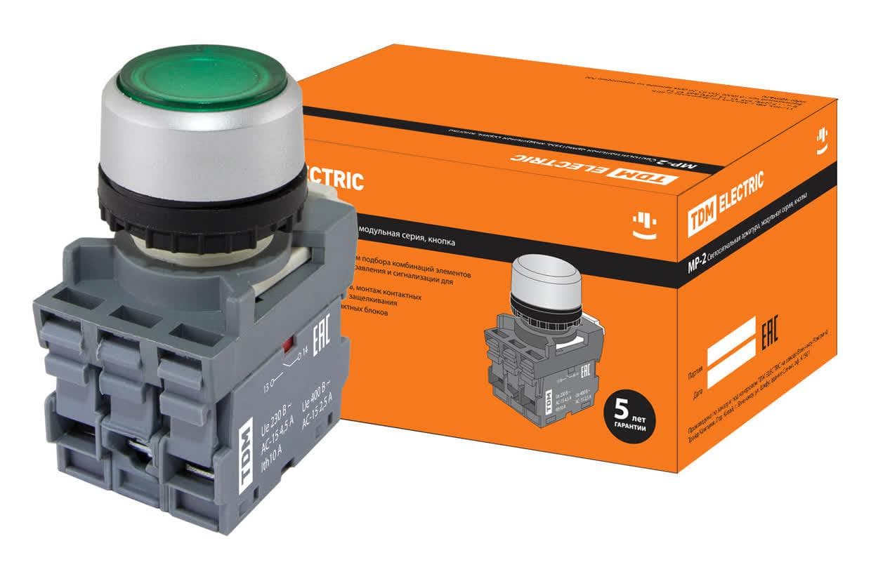 Кнопка с фиксацией MP2-21G(LED) в сборе d22мм/220В 1з+1р зеленая