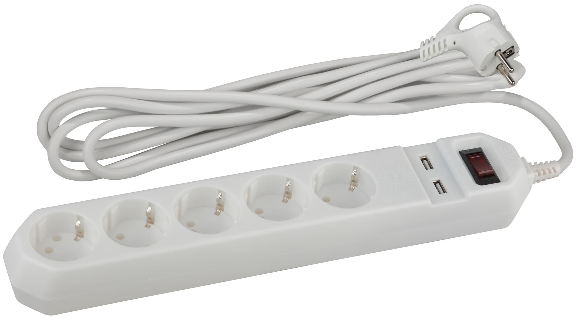 Фильтр сетевой 5х1,5м 2хUSB 10А с/з с выключателем белый