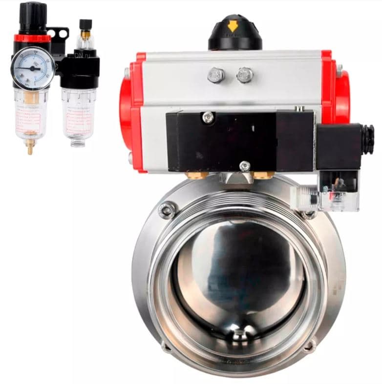 Затвор дисковый поворотный 304-304-Sil-2W-T-H Ду50 Ру10 пищевая нержавеющая сталь 304, уплотнение Silicon, с пневмоприводом SA-065, пневмораспределителем PND2-S1EM-52-1NC-J08-220VAC и БПВ APU1-10-40-V08