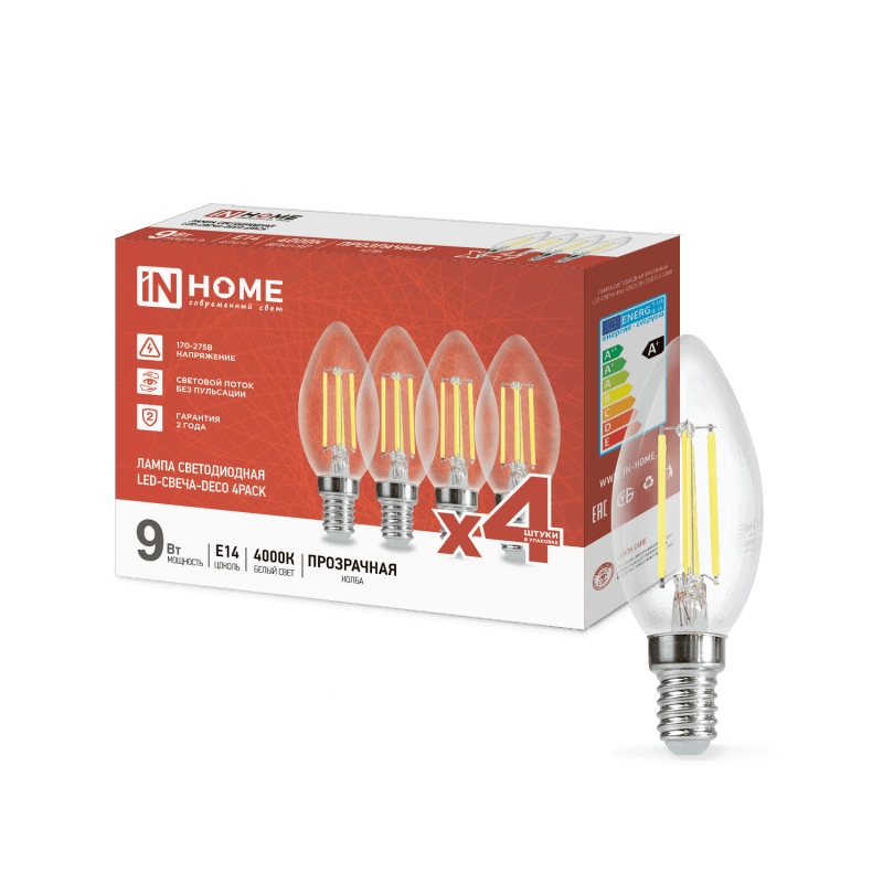 Лампа светодиодная LED-СВЕЧА-deco 4PACK 9Вт 230В Е14 4000К 1040Лм (4шт./упак) прозрачная IN HOME