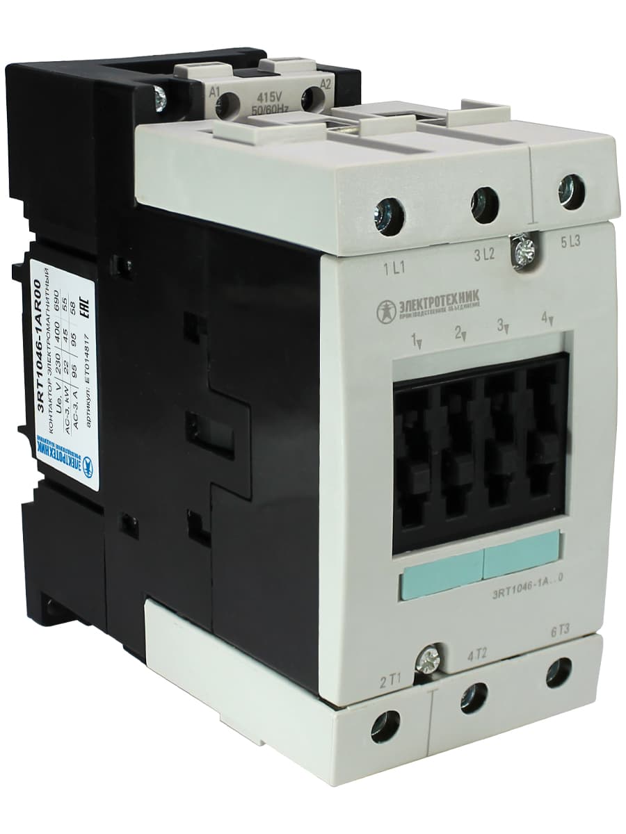 Контактор электромагнитный 3RT1046-1AR00, 3-пол., 95A, AC-3, 45кВт/400V, 415V AC, 50Гц, типоразмер S3, винтовые клеммы, IP20