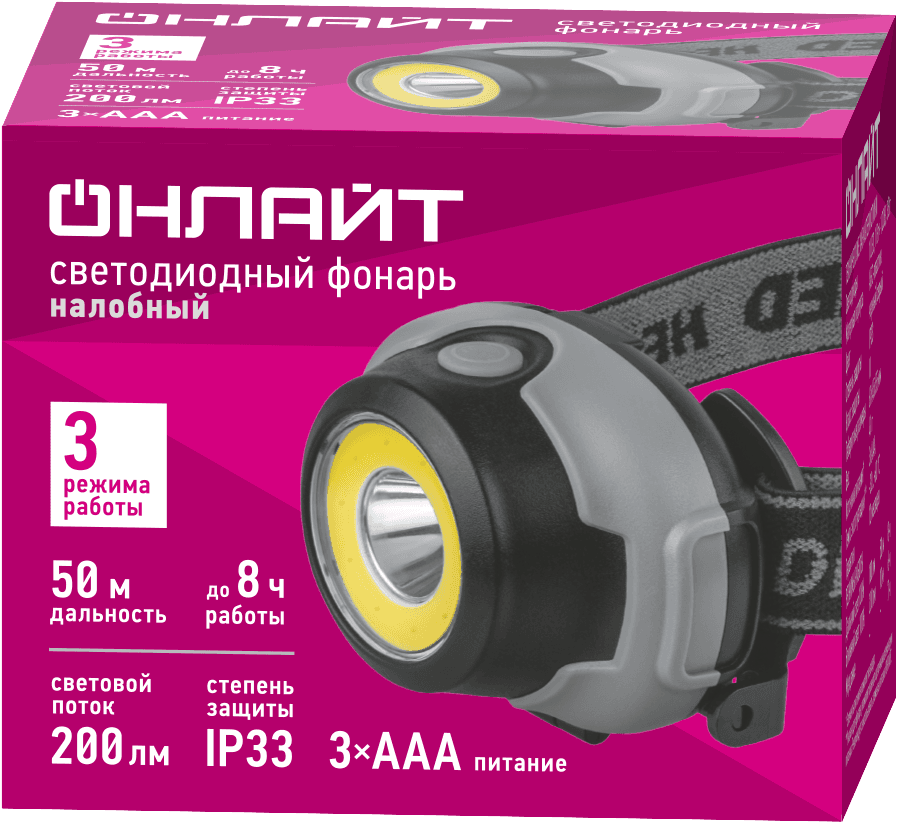 Фонарь светодиодный OPT-H02-3AAA налобный 1LEDХ1Вт, 1СОВх3Вт