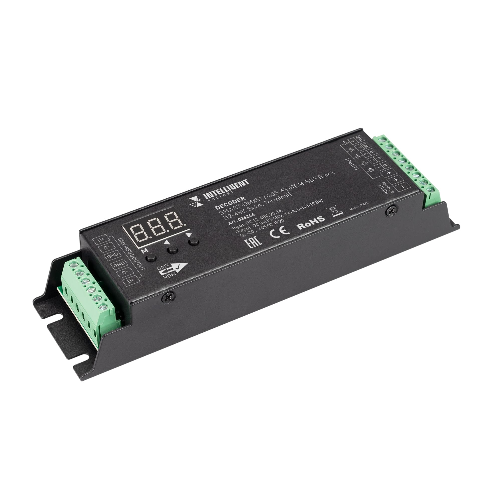 Декодер 12-48 V 5x 4A Terminal IARL IP20 металл 5 лет SMART-DMX512-305-63-RDM-SUF Black INTELLIGENT