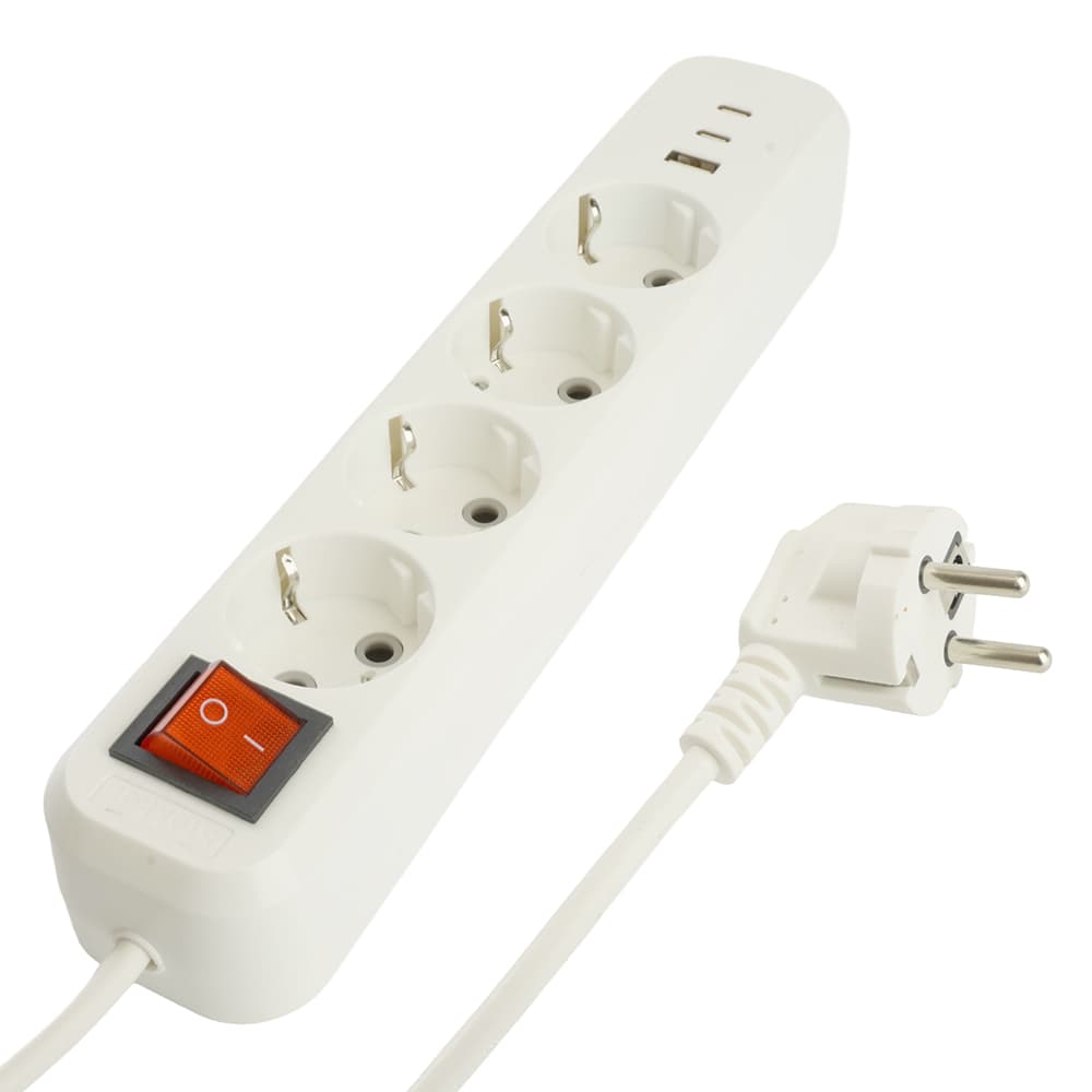 Удлинитель 4-местный с/з с выключателем 3x1 мм 2.3м 250 В 16 А 1 USB+2 C 2.4 A белый HM071-41-03