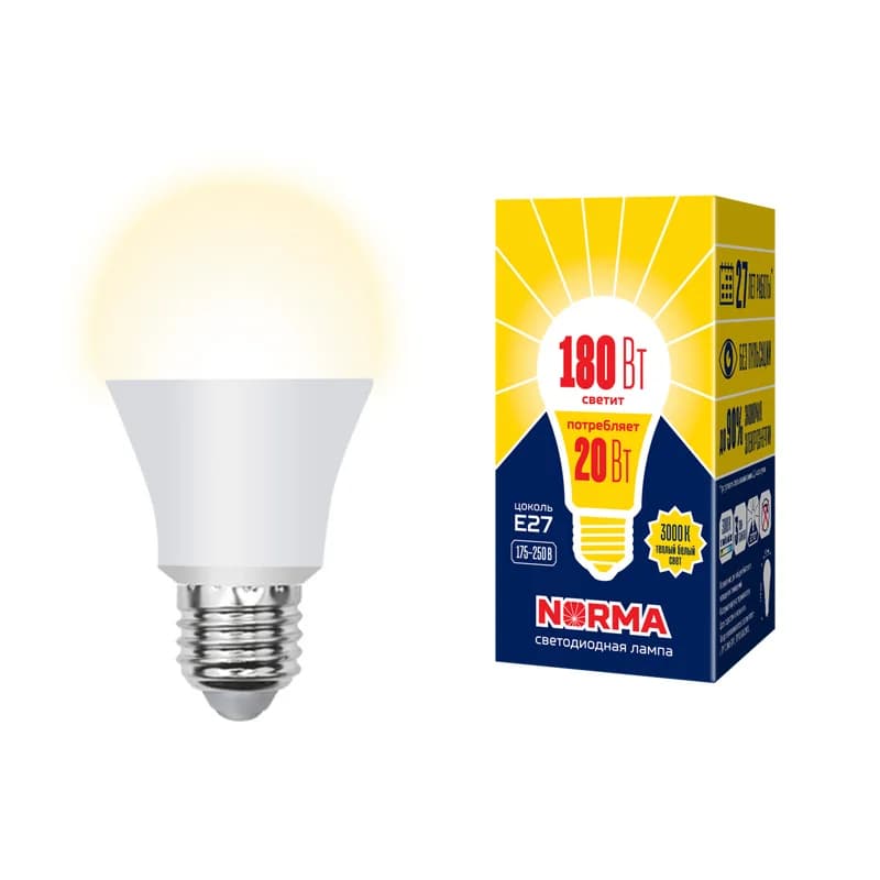Лампа светодиодная LED-A65-20W/WW/E27/FR/NR Форма A, матовая, Norma, теплый белый свет (3000K), картон, ТМ Volpe