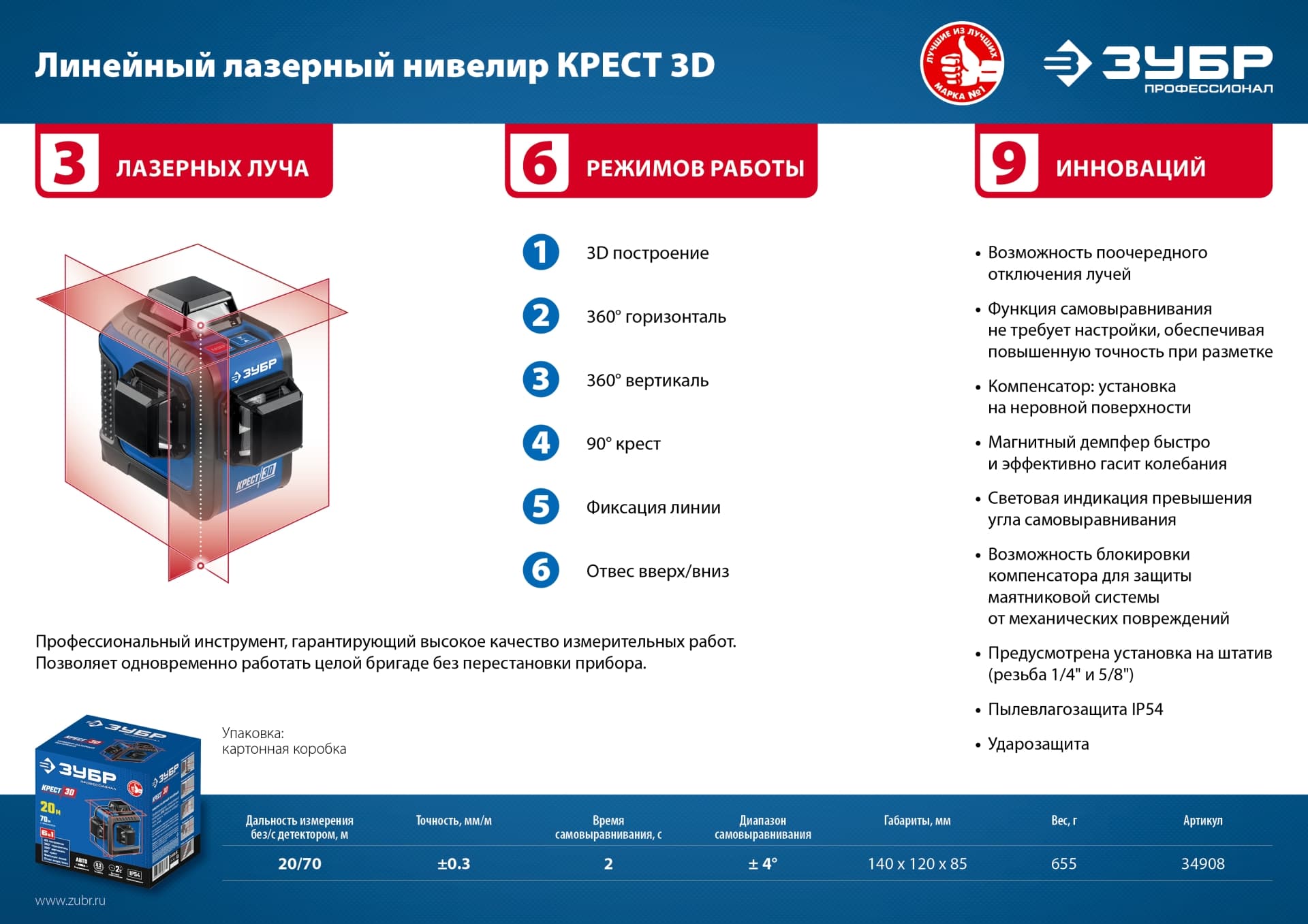 Нивелир лазерный Крест 3D, 20 - 70 м, Профессионал