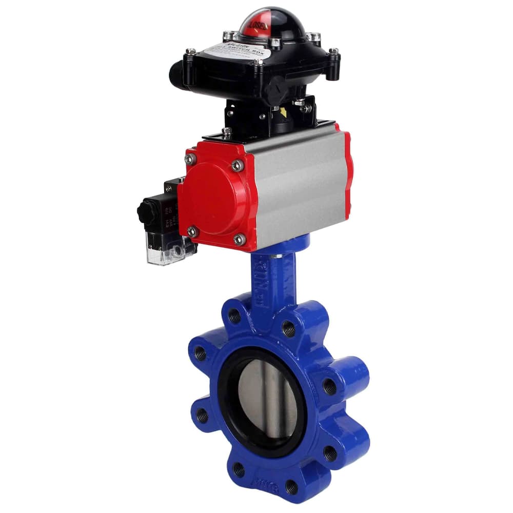 Затвор дисковый поворотный QT450-304-NBR-2W-Fb-H Ду50 Ру16 чугун QT450, диск нержавеющая сталь 304, уплотнение NBR, пневмопривод DA-065, пневмораспределитель PND2-S1EM-52-1NC-J08-24VDC и БКВ LSB-210-02NM12-220/24