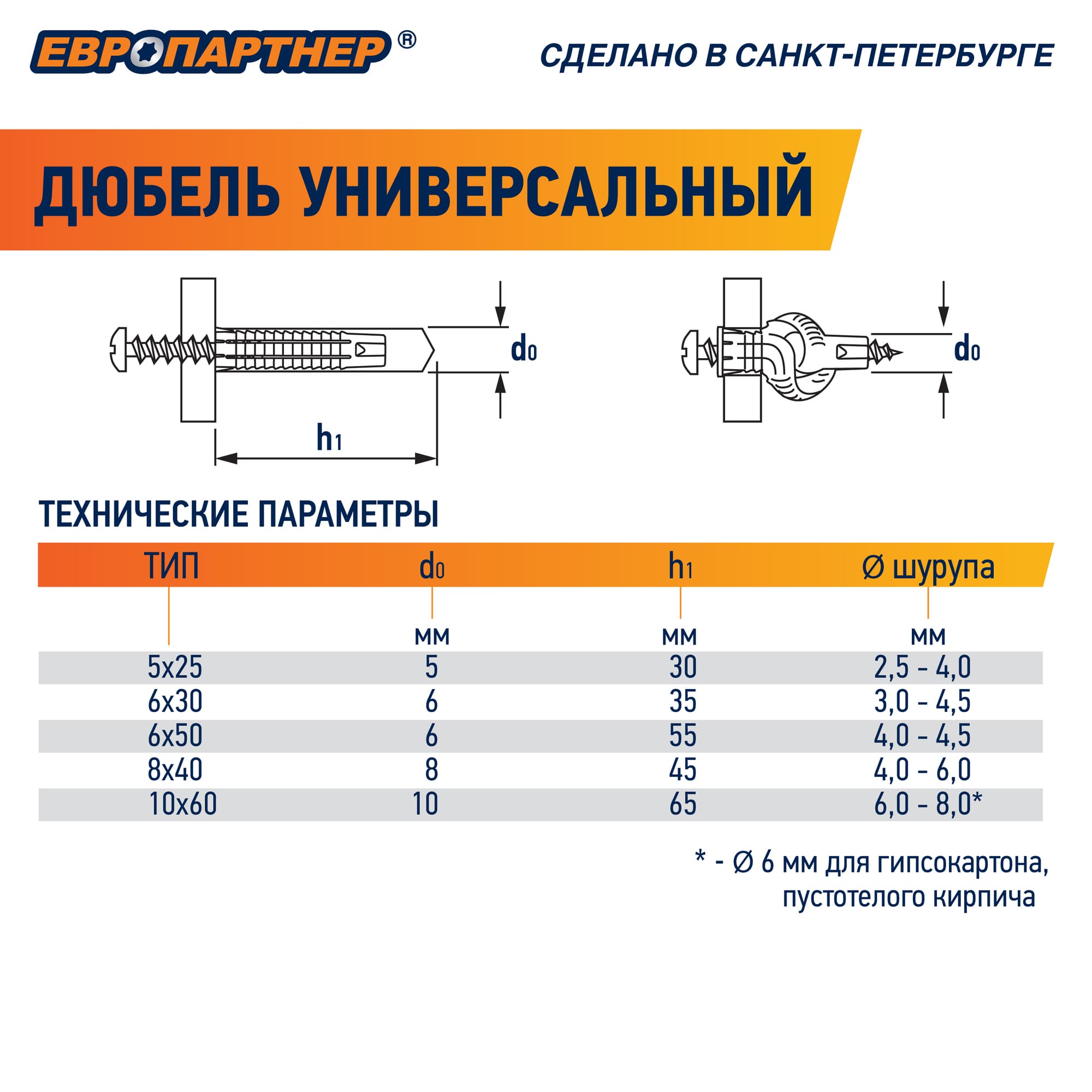 Дюбель универсальный 6х30 нейлон (400 шт)