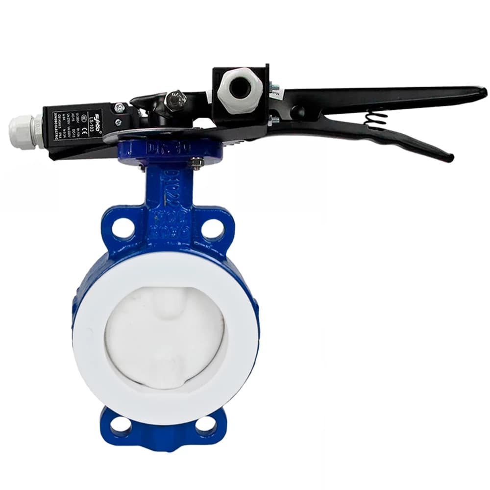 Затвор дисковый поворотный WCB-WCB-PTFE-PTFE-Fb-H Ду100 Ру16 корпус углеродистая сталь WCB, диск углеродистая сталь WCB, футерованный PTFE, уплотнение PTFE, с рукояткой, двумя концевыми датчиками LS-103-41NM2-250