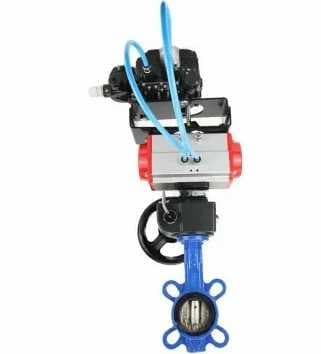 Затвор дисковый поворотный 304-304-VITON-2W-Fb-H Ду100 Ру16, корпус нержавеющая сталь 304, диск нержавеющая сталь 304, VITON, с пневмоприводом DA-083, позиционером EPRP1-NU-Fb-H-08 с обратной связью и ручным дублером HDM-2