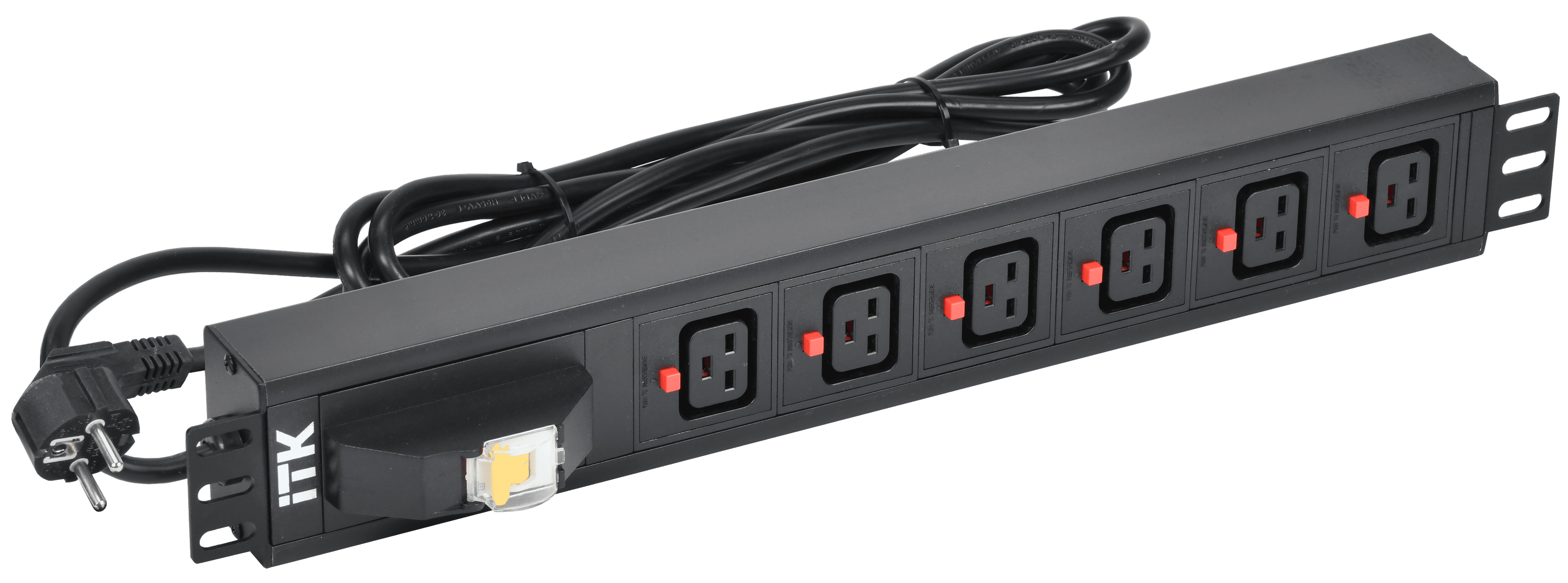 Блок распределения питания ITK PDU 6 розеток C19 с фиксатором вилки с автоматом на 16А 1.5U кабель 3м вилка немецкий стандарт алюминиевый профиль черный