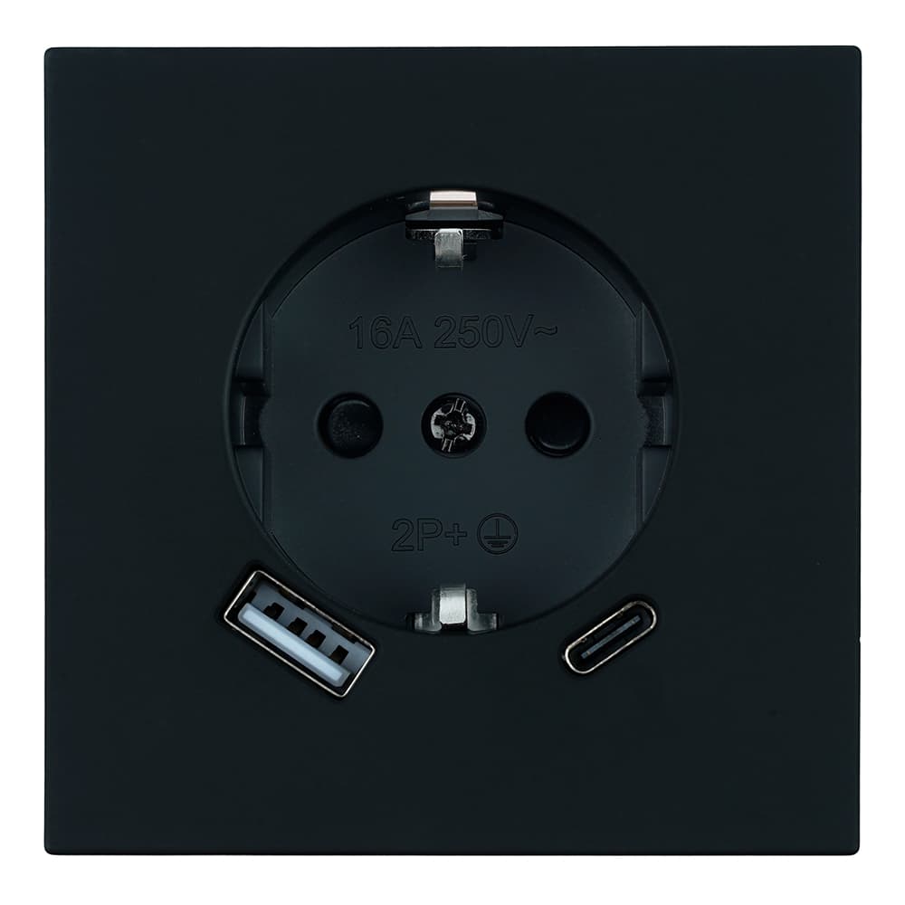 Розетка одноместная с защитной шторкой с заземлением 16А + USB + Type C (механизм) 250В 20W черный бархат серия Мия STEKKER