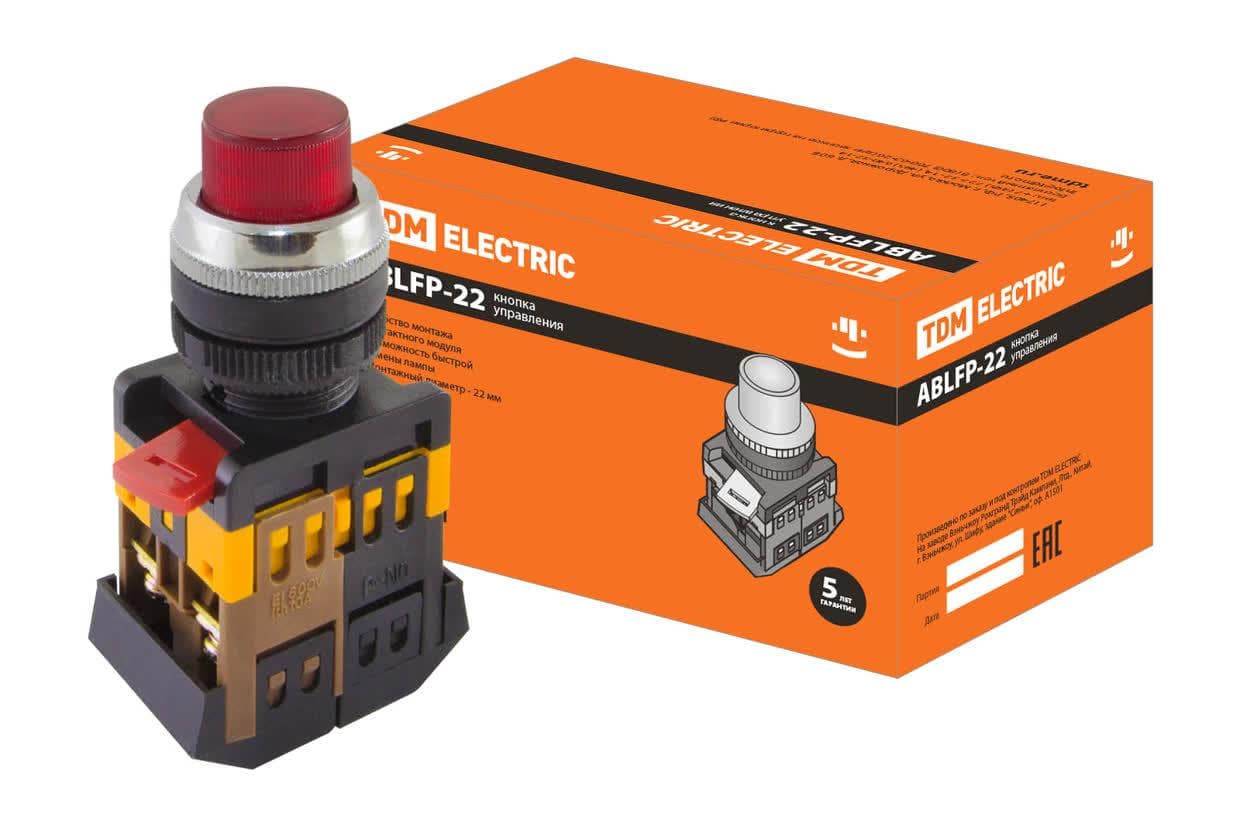 Кнопка ABLFP-22 красный d22мм неон/230В 1з+1р