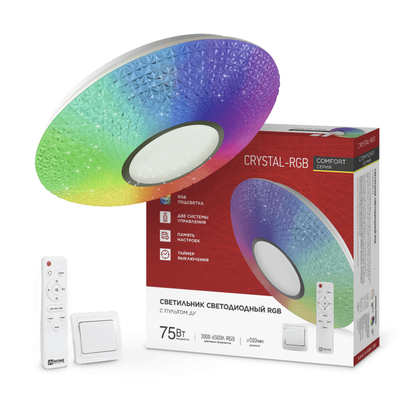 Светильник светодиодный COMFORT CRYSTAL-RGB 75Вт 230В 3000-6500K 6000Лм 500x115мм с пультом ДУ IN HOME