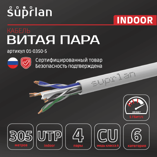 Витая пара U/UTP кат 6 4x2xAWG23 Cu нг(А)-LSLTx IN 305м