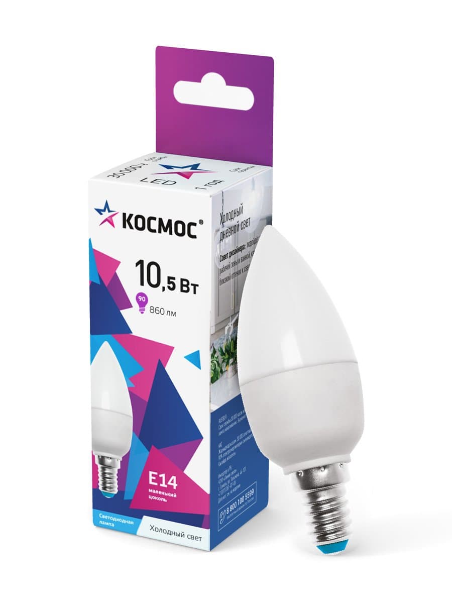Лампа светодиодная LED 10.5Вт Свеча 220В Е14 D37х100 6500К холодный 840 лм
