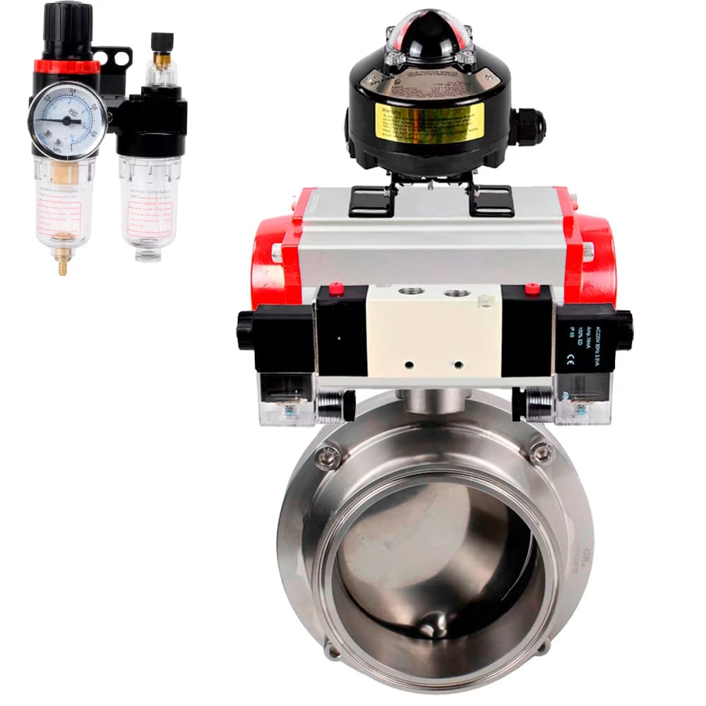 Затвор дисковый поворотный кламповый 304-304-Sil-2W-C-H Ду32 Ру10 корпус пищевая нержавеющая сталь 304, уплотнение – Silicon, пневмопривод DA-052, пневмораспределитель PND1-S2EM-52-2-T08-220VAC, БКВ LSB-510-02ExM12-250 и БПВ APU1-10-40-V08