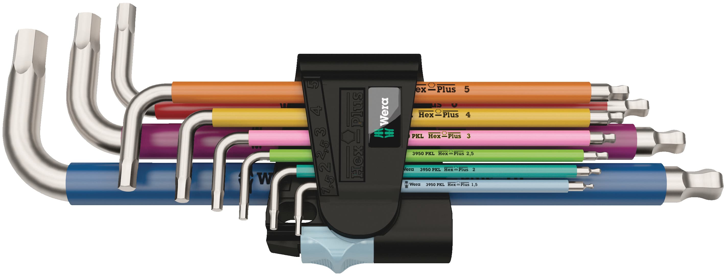 Набор Г-образных ключей 3950/9 Hex-Plus Multicolour Stainless 1 нержавеющая сталь с шаром 1.5 - 10 мм 9 предметов комплектация: 9x 3950 SPKL: 1.5x90 2.0x101 2.5x112 3.0x123 4.0x137 5.0x154 6.0x172 8.0x195 10.0x224
