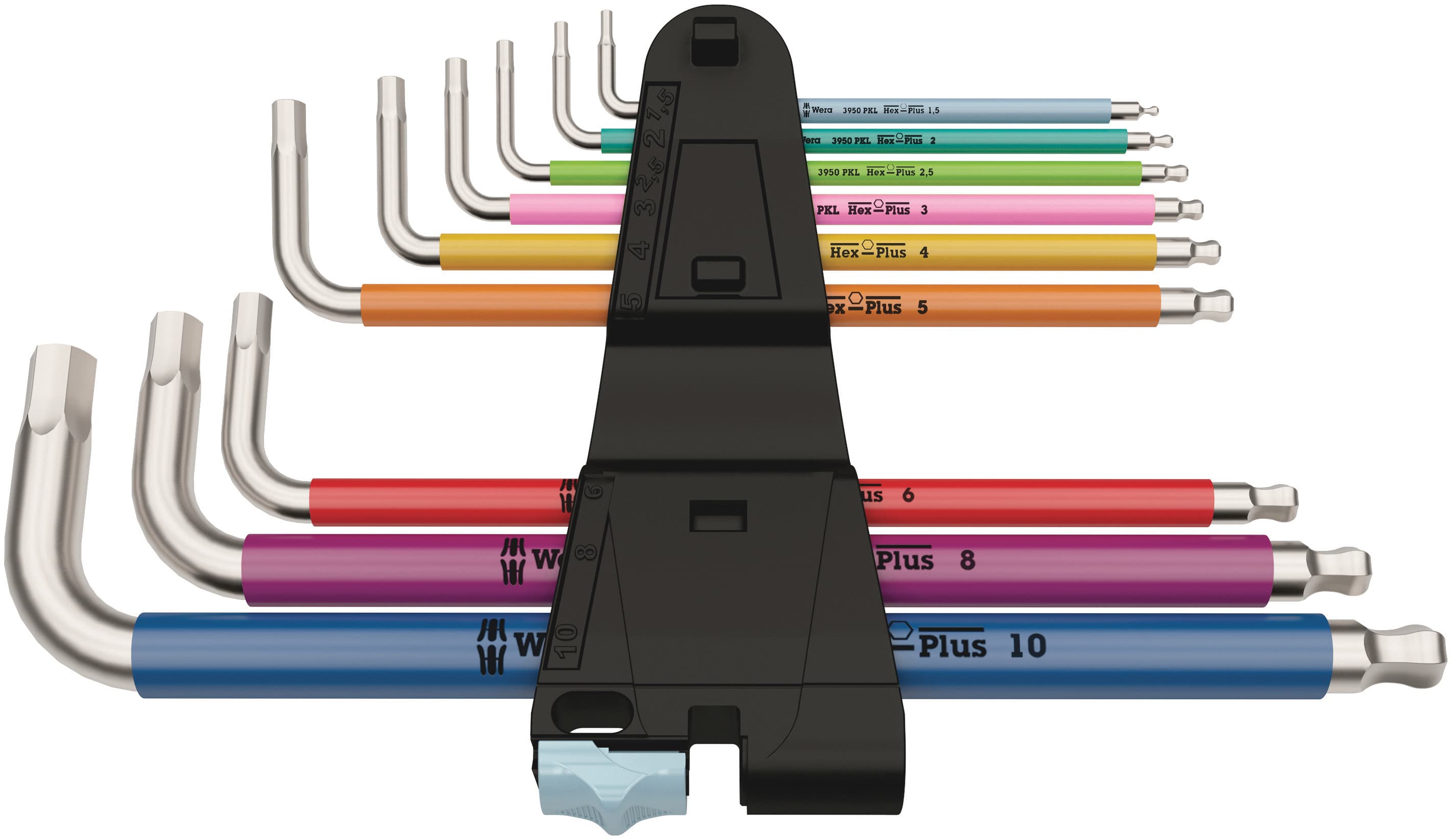Набор Г-образных ключей 3950/9 Hex-Plus Multicolour Stainless 1 нержавеющая сталь с шаром 1.5 - 10 мм 9 предметов комплектация: 9x 3950 SPKL: 1.5x90 2.0x101 2.5x112 3.0x123 4.0x137 5.0x154 6.0x172 8.0x195 10.0x224