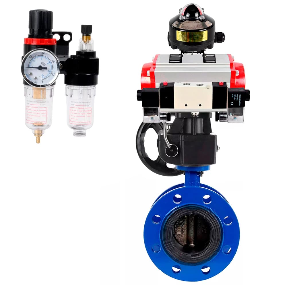 Затвор дисковый поворотный GGG40-304-EPDM-2W-F-H Ду150 Ру16 чугун GGG40/нержавеющая сталь 304, EPDM, с пневмоприводом DA-130, пневмораспределителем PND1-S2EM-52-2-T08-220VAC, БКВ LSB-510-02ExM12-250, дублером HDM-3 и БПВ APU1-10-40-V08