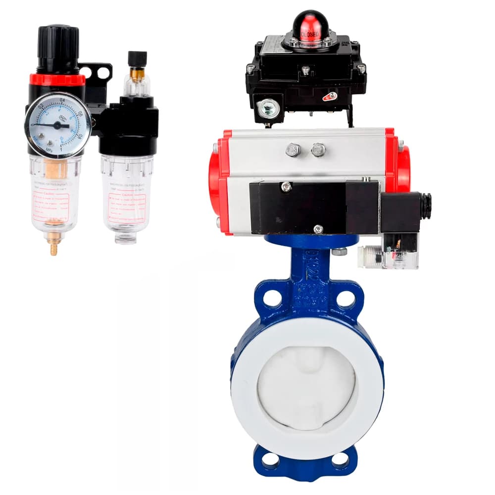 Затвор дисковый WCB-WCB-PTFE-PTFE-Fb-H Ду125 Ру16 корпус и диск углеродистая сталь WCB, футерованный PTFE, уплотнение PTFE, пневмопривод SA-130, пневмораспределителем PND2-S1EM-52-1NC-J08-220VAC, БКВ LSB-410-02ExM12-250 и БПВ APU1-10-40-V08