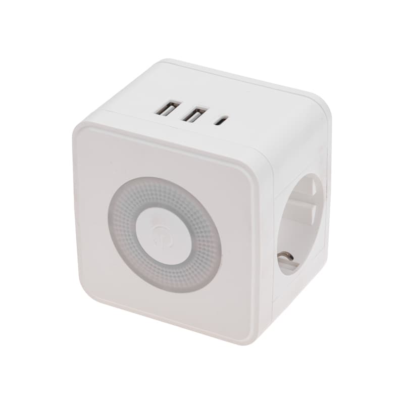 Разветвитель двойник электрический Куб 16А с/з + 2хUSB-A 2,4А + USB-C 3А с ночной подсветкой, белый