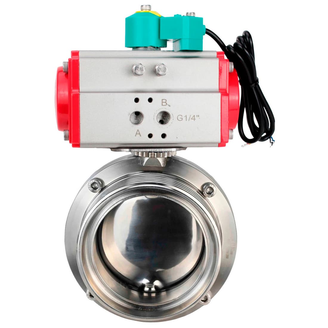 Затвор дисковый поворотный 304-304-Sil-2W-T-H Ду25 Ру10 резьбовой, корпус пищевая нержавеющая сталь 304, уплотнение Silicon, с пневмоприводом SA-065 и магнитным переключателем МППП-200
