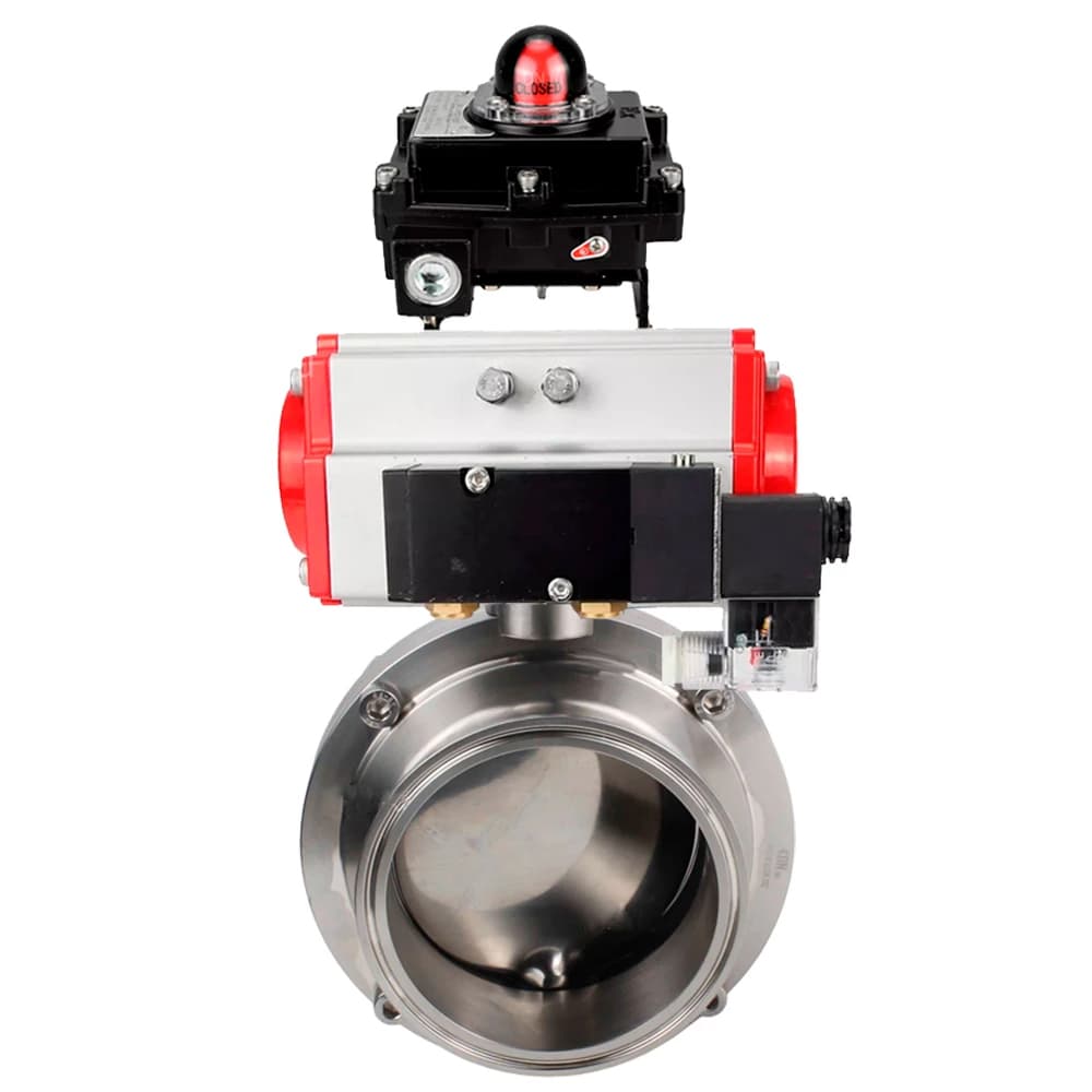 Затвор дисковый поворотный кламповый 304-304-Sil-2W-C-H Ду50 Ру10 корпус пищевая нержавеющая сталь 304, уплотнение – Silicon, с пневмоприводом DA-052, пневмораспределителем PND2-S1EM-52-1NC-J08-220VAC и БКВ LSB-410-02ExM12-250