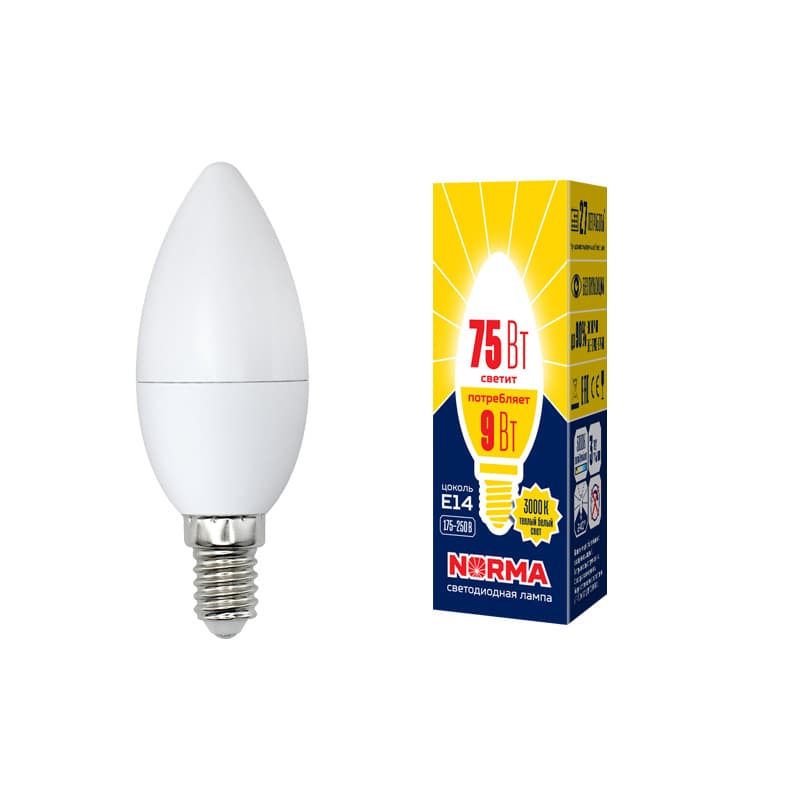 Лампа светодиодная LED-C37-9W/WW/E14/FR/NR Форма свеча, матовая, Norma, теплый белый свет (3000K), картон, ТМ Volpe