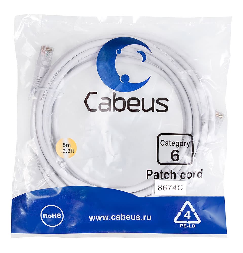 Патч-корд U/UTP, категория 6, 2xRJ45/8p8c, неэкранированный, белый, PVC, 5м